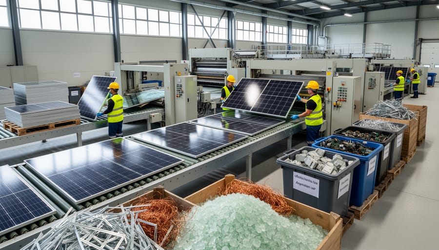 Worker at recycling facility handling retired solar panels for processing