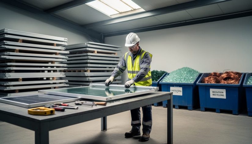 Technician wearing safety gear removes the aluminum frame from a decommissioned solar panel on a workbench inside a Midwest recycling facility, with stacks of old panels and bins of recovered glass and copper in the background under soft daylight.