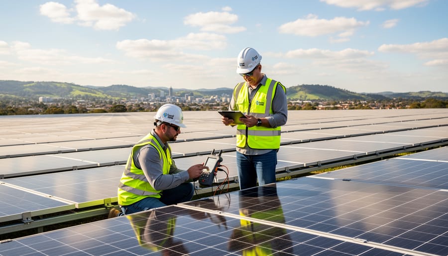 Business owner consulting with solar maintenance professional about system performance