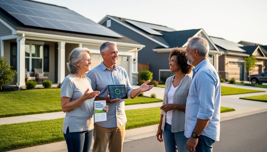 Two homeowners shaking hands in front of house with newly installed solar panels on roof