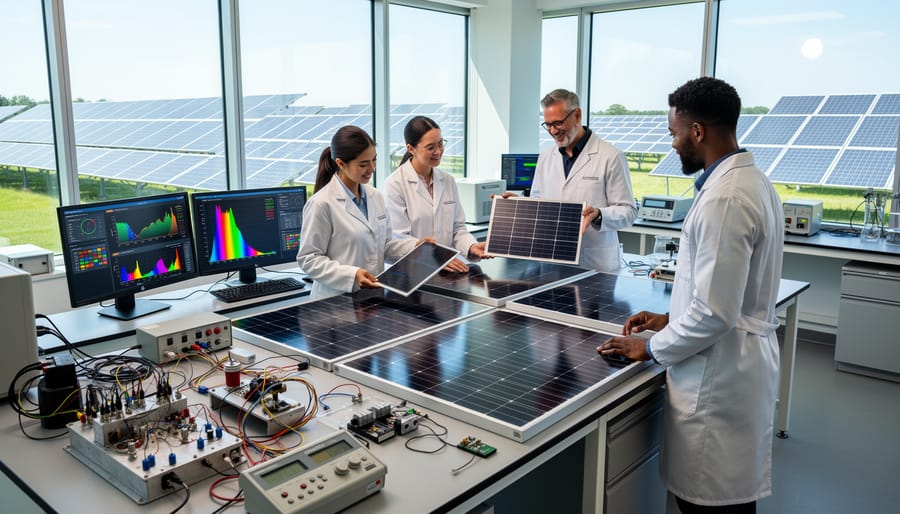 Scientists working in solar energy research laboratory examining panel materials
