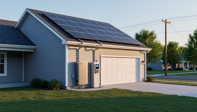 Modern suburban home with rooftop solar panels, wall-mounted inverter, and slim battery cabinet next to a utility smart meter at golden hour, with a utility pole and trees in the background.