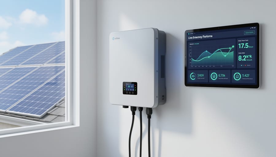 Solar inverter with digital display mounted on residential wall showing system communications