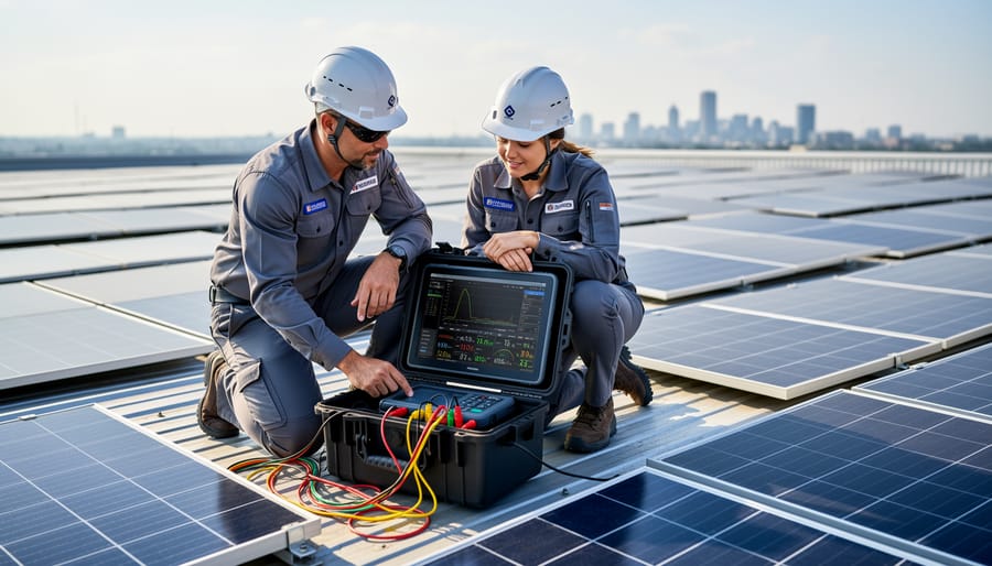 Solar technician using tablet to inspect and verify solar panel system performance on commercial rooftop