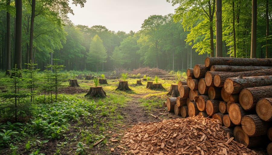 Forest regeneration showing new growth emerging from decomposing organic matter