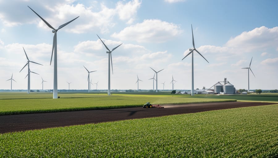 Large-scale wind turbines rising above Illinois farmland at sunset