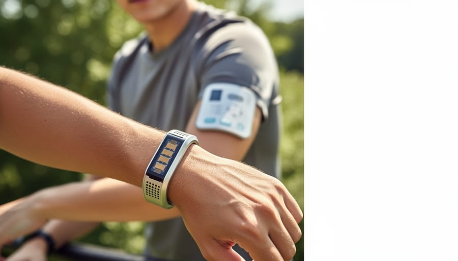 Multiple people wearing various wearable electronic devices in professional setting