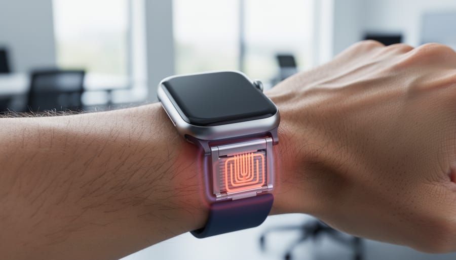 Close-up of smartwatch worn on wrist showing skin contact interface