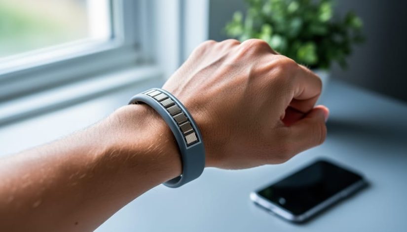 Close view of a wrist wearing a flexible thermoelectric generator bracelet with visible metallic modules, lit by soft window light, with a blurred desk, plant, and smartphone in the background.