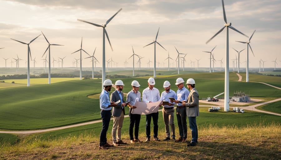 Business professionals reviewing wind energy investment project at turbine site