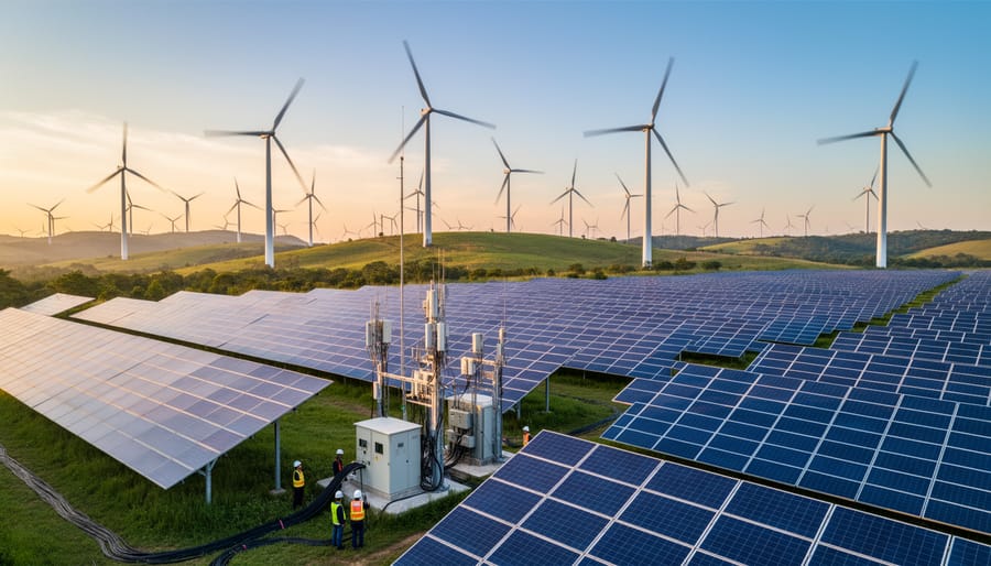 Aerial view of wind turbines and solar panels operating together in renewable energy facility