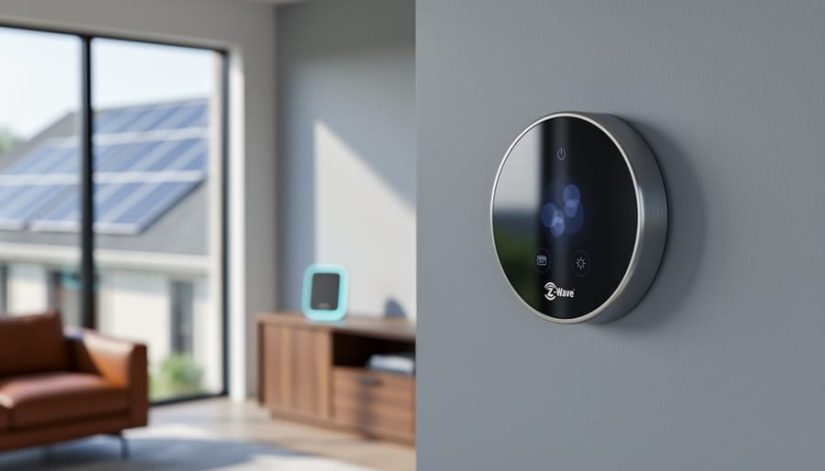 Close-up of a sleek Z-Wave smart thermostat on an interior wall, softly lit, with a blurred living room, a small smart hub on a console table, and rooftop solar panels visible through a window; no readable text on the thermostat display.