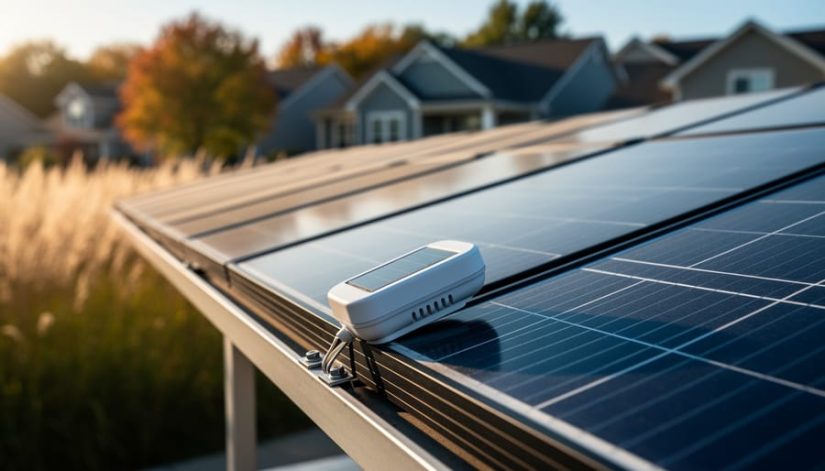 Close-up of a self-powered sensor with a tiny solar cell clipped to a rooftop solar panel at golden hour, with a blurred Midwestern neighborhood and fall trees in the background