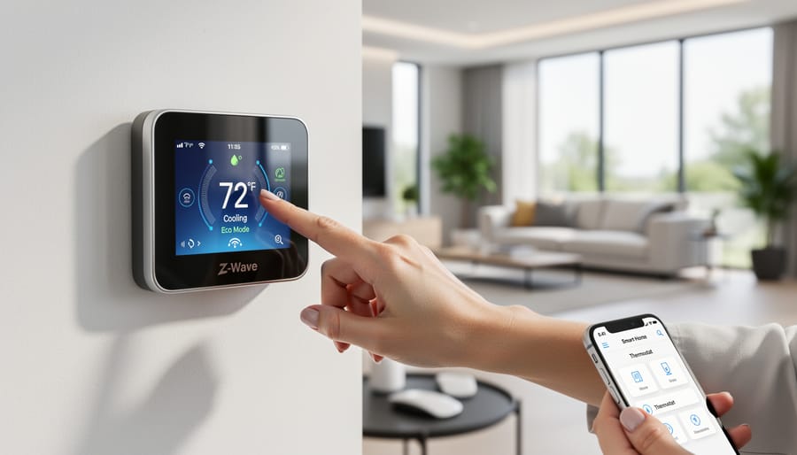 Modern Z-Wave smart thermostat mounted on wall in contemporary home interior