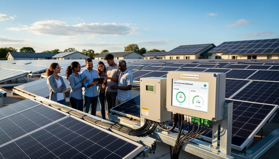 Close-up of rooftop solar equipment with a person holding a tablet while reviewing household energy hardware.