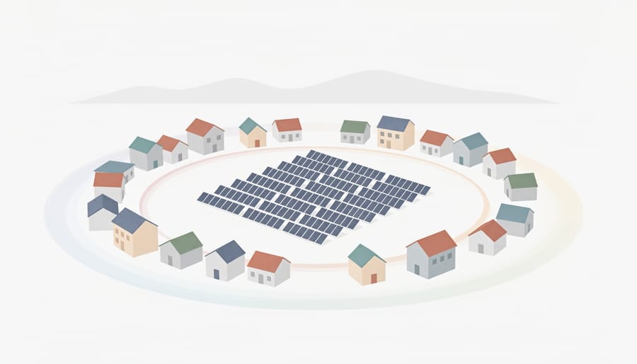 Ground-mounted solar panels at sunset near a neighborhood park.