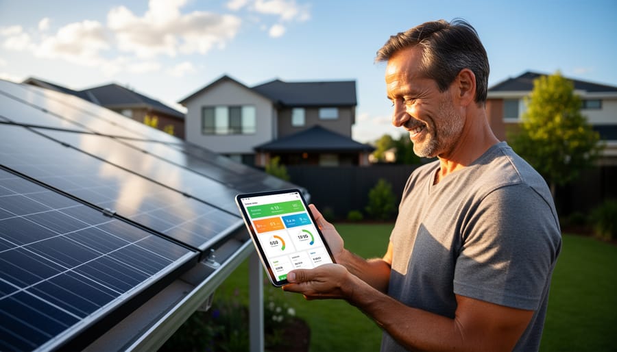 Homeowner looking at installed rooftop solar panels in daylight