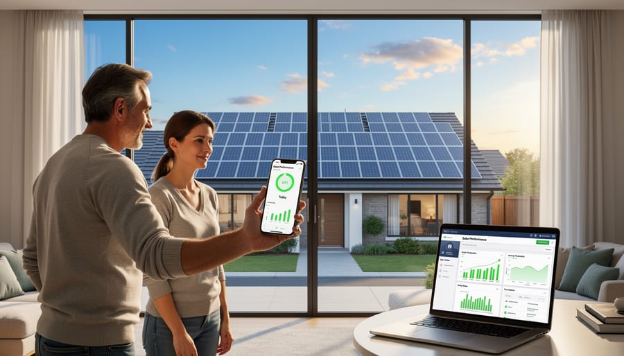 Homeowner using a smartphone while rooftop solar panels are visible in the background
