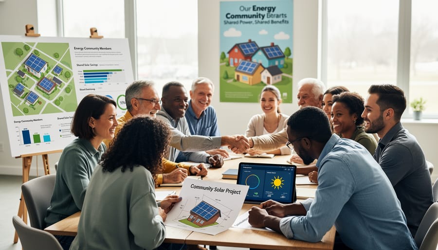 Neighbors meeting outdoors while looking toward a shared solar installation in the distance.