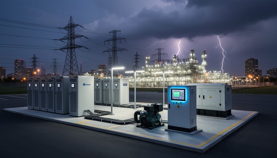 Operations manager standing beside a backup generator and electrical transfer switch near a commercial building