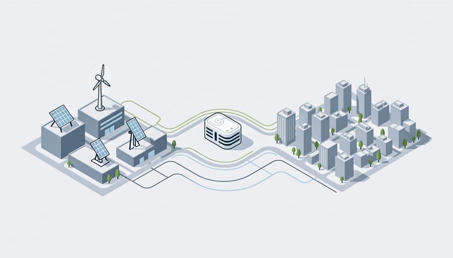 Outdoor district energy infrastructure with nearby modern buildings and rooftop solar panels in view
