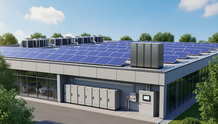Rooftop solar panels alongside onsite battery storage equipment on a commercial building