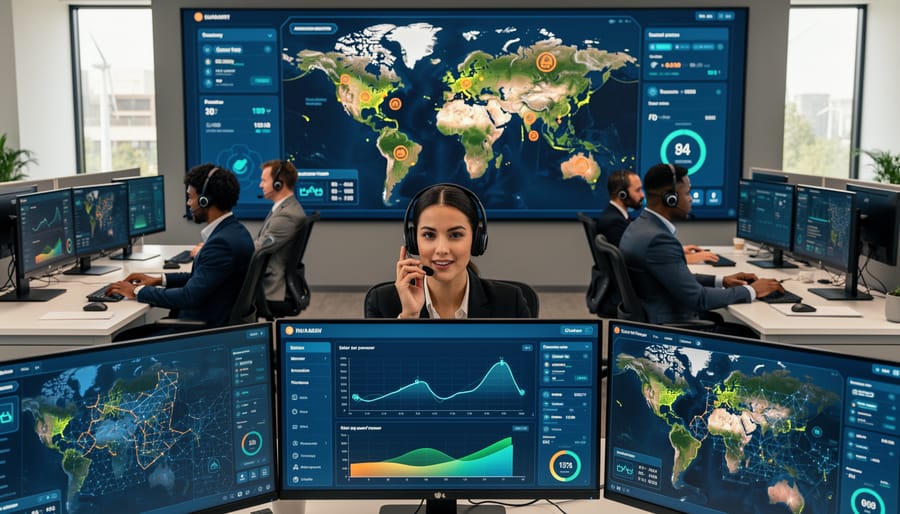 Solar customer support representatives wearing headsets coordinating a crisis response in an office.