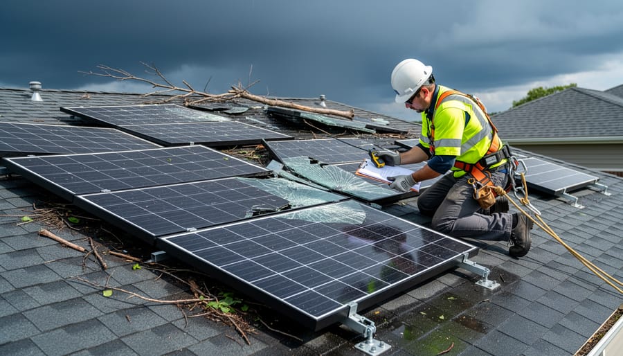 Technician inspecting a storm-damaged residential solar array on a roof safely from the ground level.
