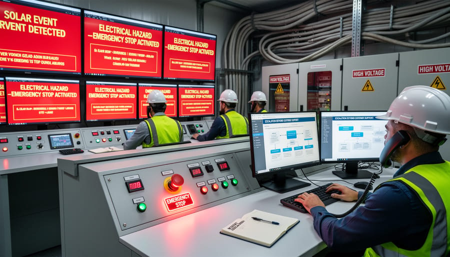 Technician using safety lockout practices near an inverter while responders secure an area for an electrical hazard.