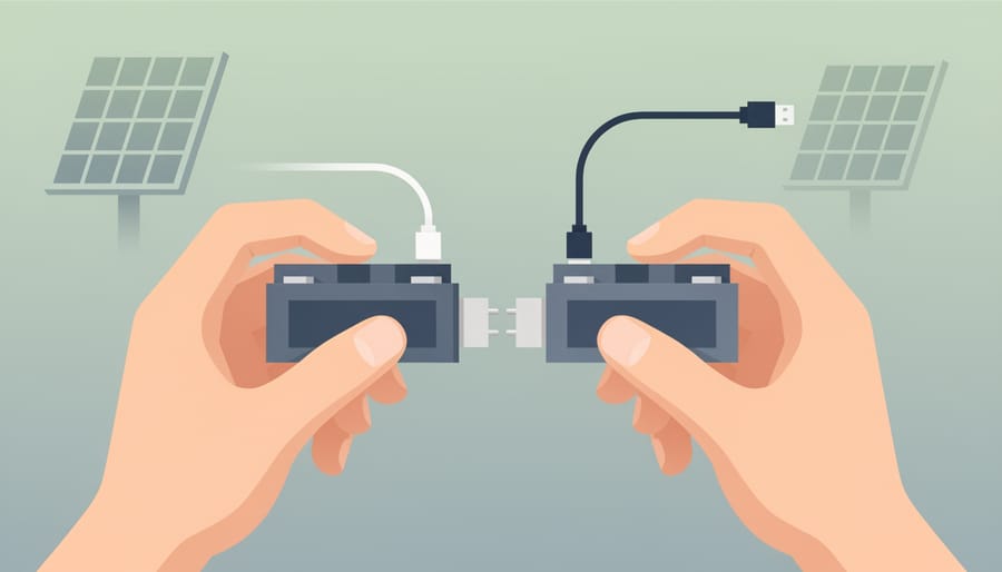 Gloved hands testing battery terminals next to a ventilated off-grid battery enclosure