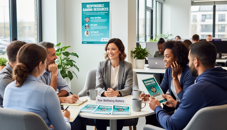 Employees in an Illinois office break room reviewing responsible gaming information together