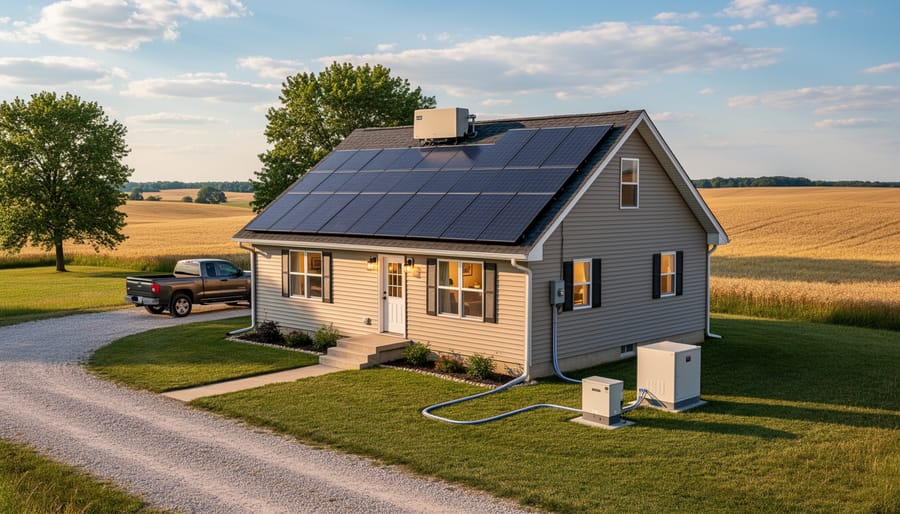 Wide view of a residential off-grid home with roof-mounted solar panels and nearby battery storage