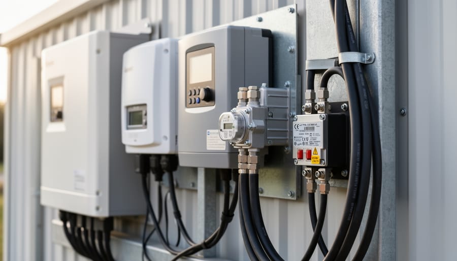 Technician working next to an inverter and power center with visible wiring and breakers in a garage