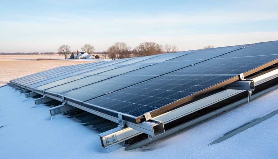 Snow-dusted solar panels mounted on a roof or rack in a winter landscape