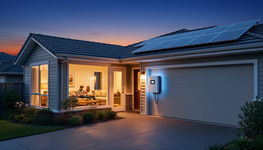 Nighttime view of a house with warm interior lights and visible outdoor solar battery storage equipment