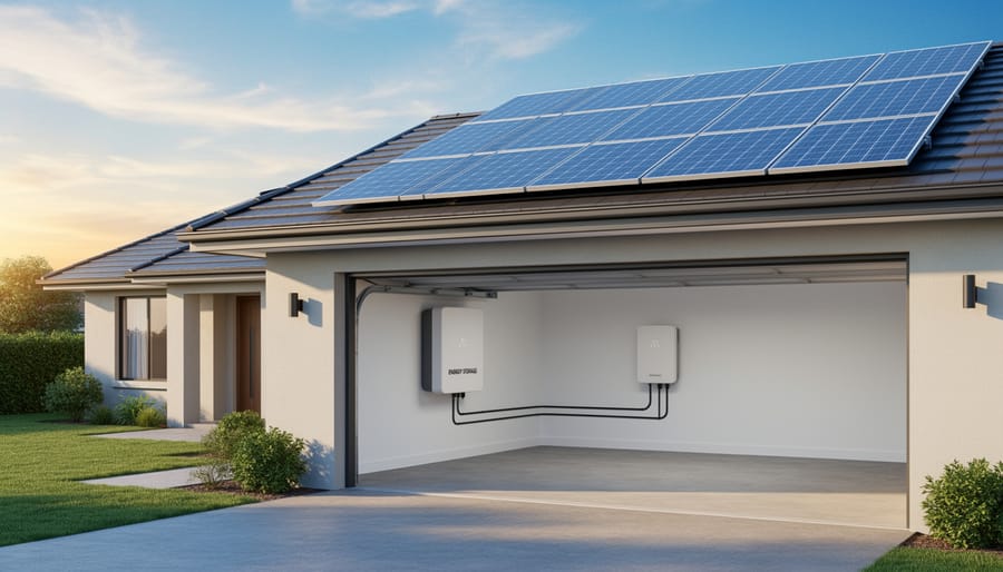 Residential rooftop solar panels with an exterior energy storage battery unit mounted on the house wall
