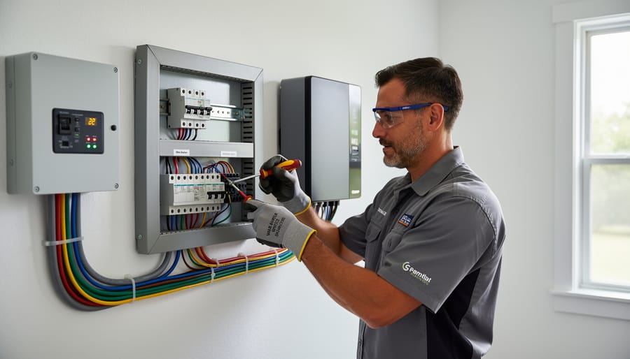 Technician in safety gear inspecting battery and inverter equipment beside solar panels