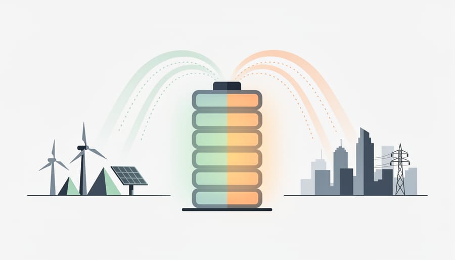 Utility-scale energy storage container with stacked battery modules illuminated by sunset light